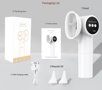 Hlpmedical automatic electric ear wax removal and irrigation system with 5 modes, USB-C charging, and hot air drying in white.