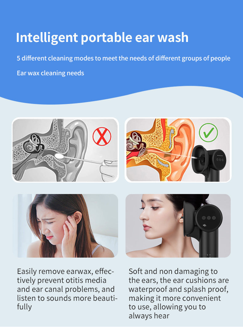 Hlpmedical electric ear wax removal system with 5 modes, USB-C charging, hot air drying, white color, for safe ear cleaning.
