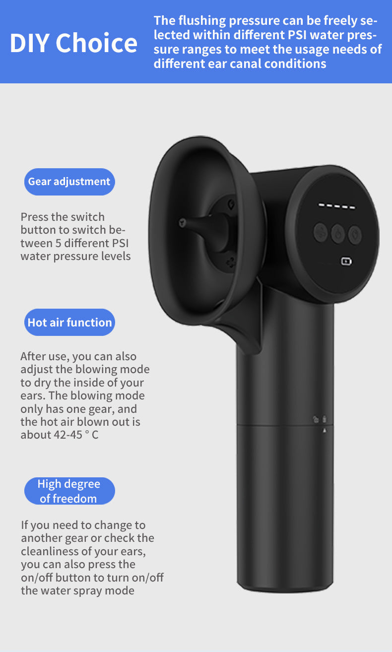 Hlpmedical automatic electric ear wax removal system in white with 5 modes, USB-C connection and hot air drying feature.