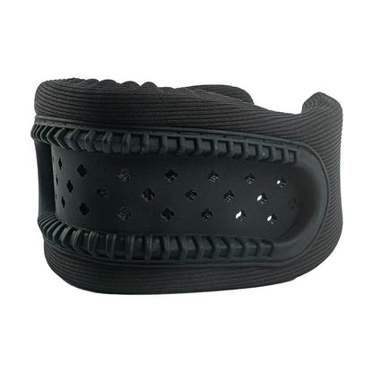 Black hollow neck support brace by Hlpmedical, ergonomic cervical collar with breathable design for posture correction and daily comfort.