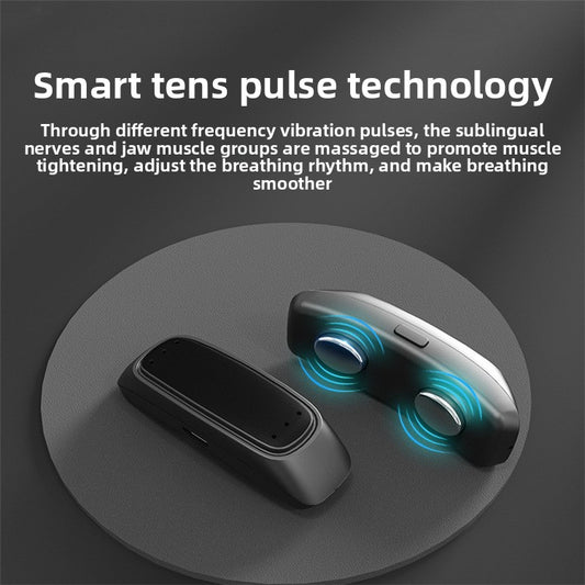 Black Hlpmedical anti-snoring device with TENS pulse technology for quiet sleep, shown in use on a bedside table.