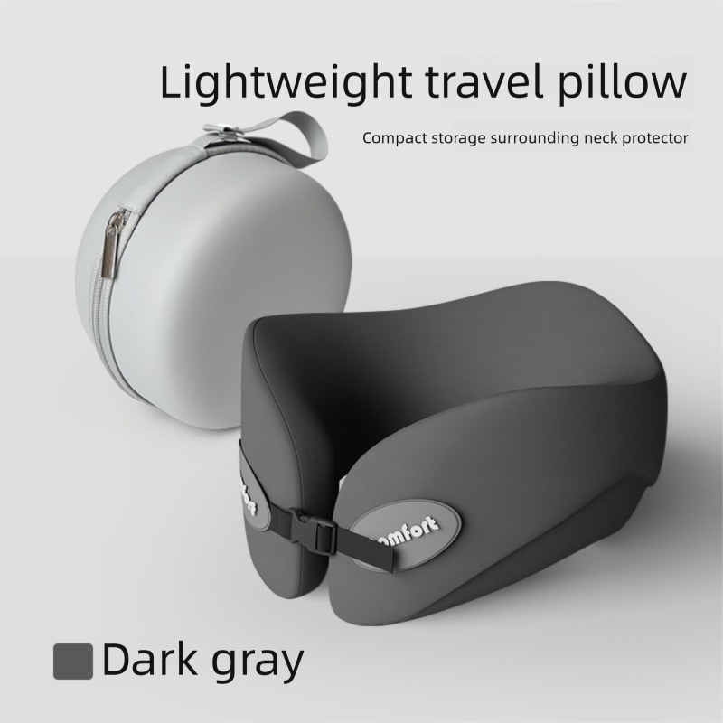 Dark gray memory foam U-shaped travel neck pillow by Hlpmedical, ergonomic support for airplane, car, and office comfort.