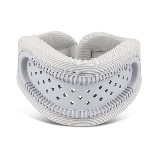 Grey adjustable silicone neck brace with V-shape, high-elastic memory foam, designed for posture correction and preventing forward head tilt.