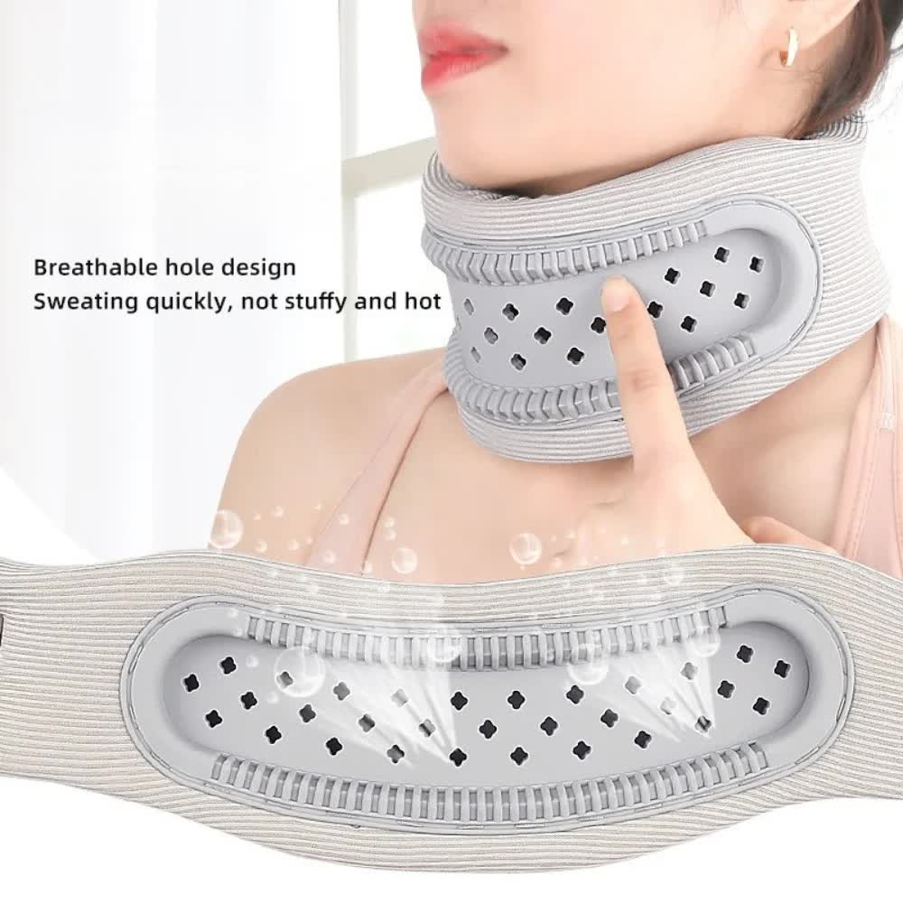 Grey adjustable silicone neck brace with V-shape design, high-elastic memory foam for posture correction and forward head tilt prevention.
