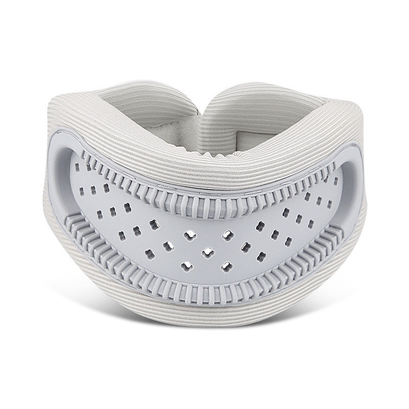 Grey hollow neck support brace by Hlpmedical, ergonomic cervical collar with breathable design for posture correction and daily comfort.