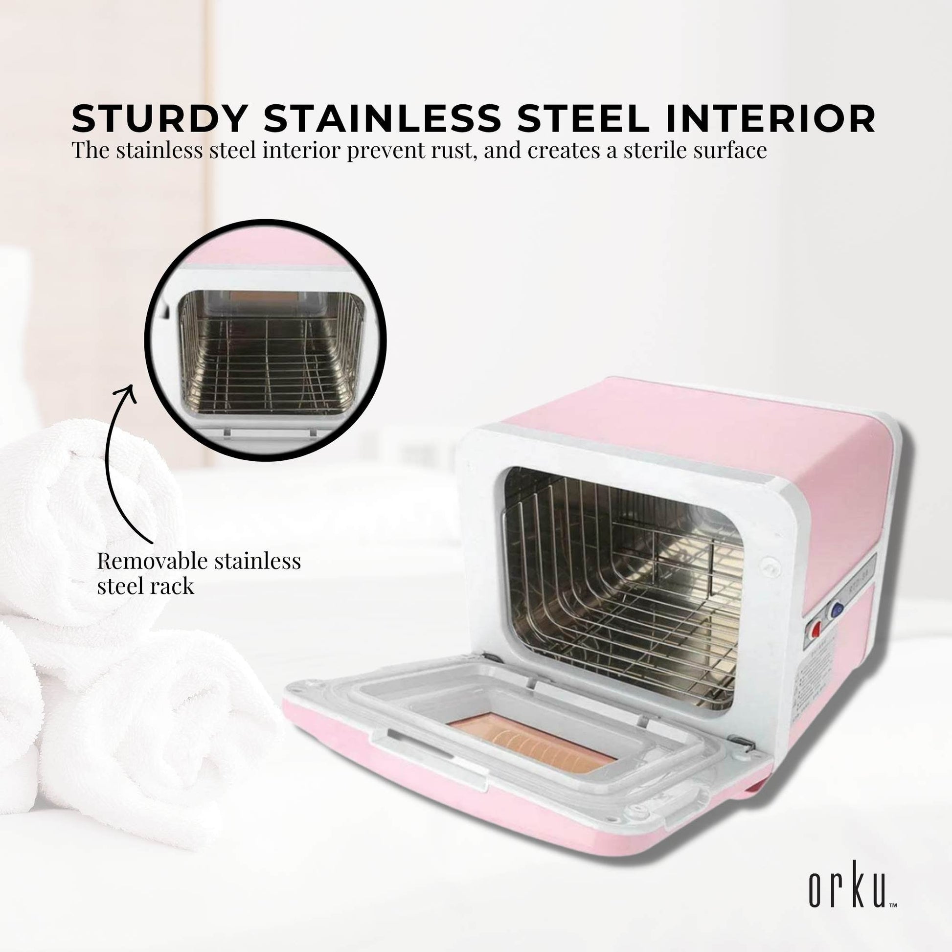 Hlpmedical Orku 8L pink electric towel warmer and UV steriliser cabinet with digital controls for salon health and wellness.