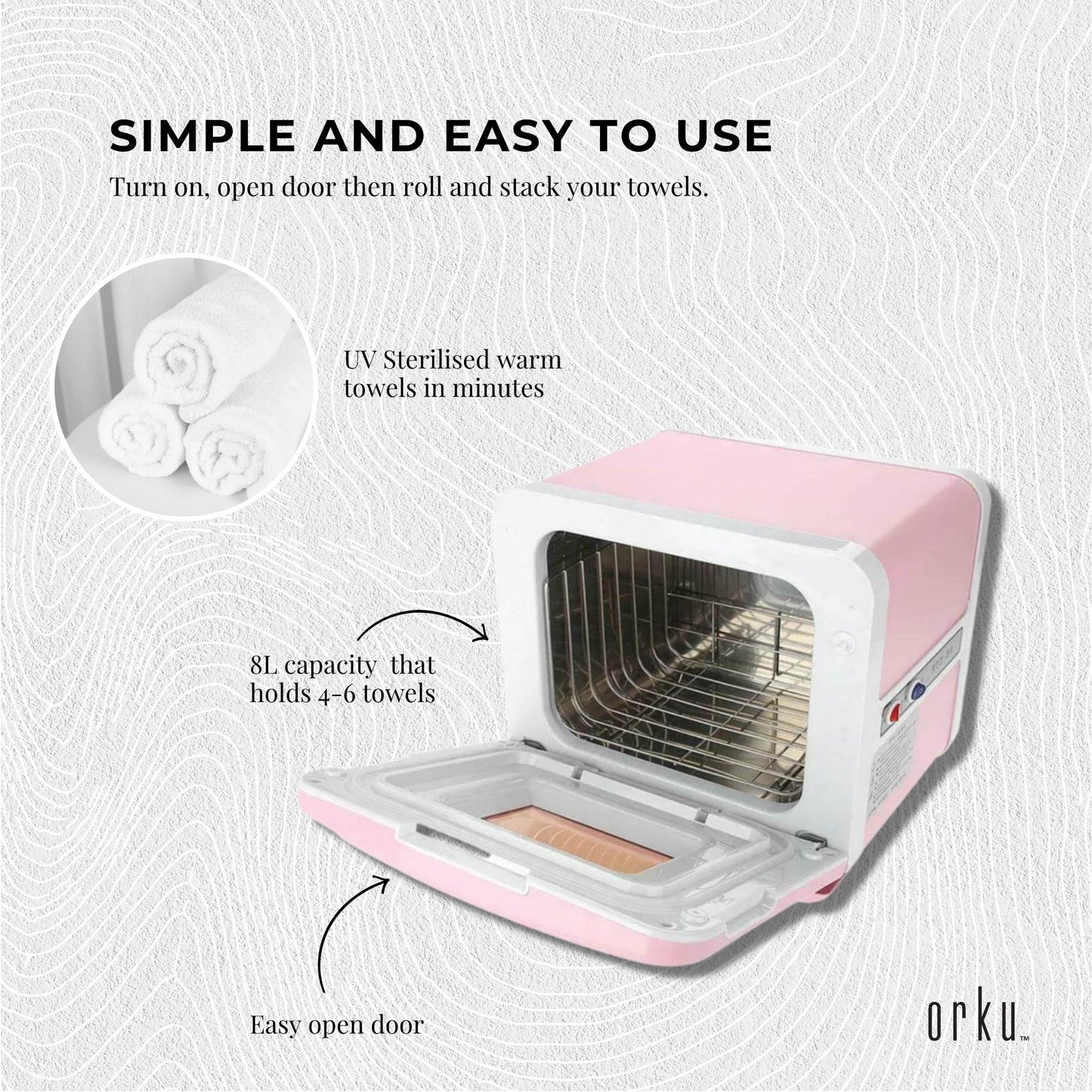 Hlpmedical Orku 8L pink electric towel warmer and UV steriliser cabinet for salon heat sanitising and wellness.