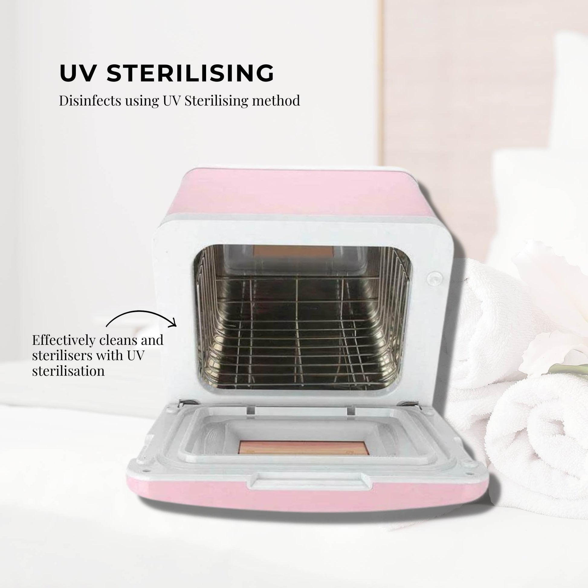 Hlpmedical Orku 8L pink electric towel warmer with UV steriliser cabinet for salon heat sanitising and wellness.