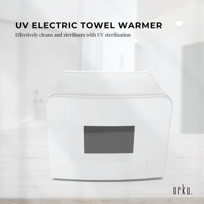 Hlpmedical Orku 8L white electric towel warmer with UV sterilizer cabinet for salon heat sanitizing and towel drying.