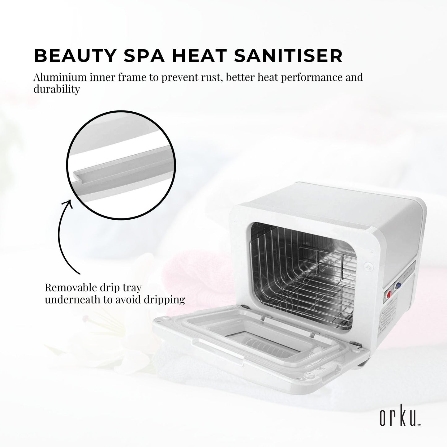White Orku 8L electric towel warmer and UV steriliser cabinet by Hlpmedical, used for warming and sanitizing salon towels.