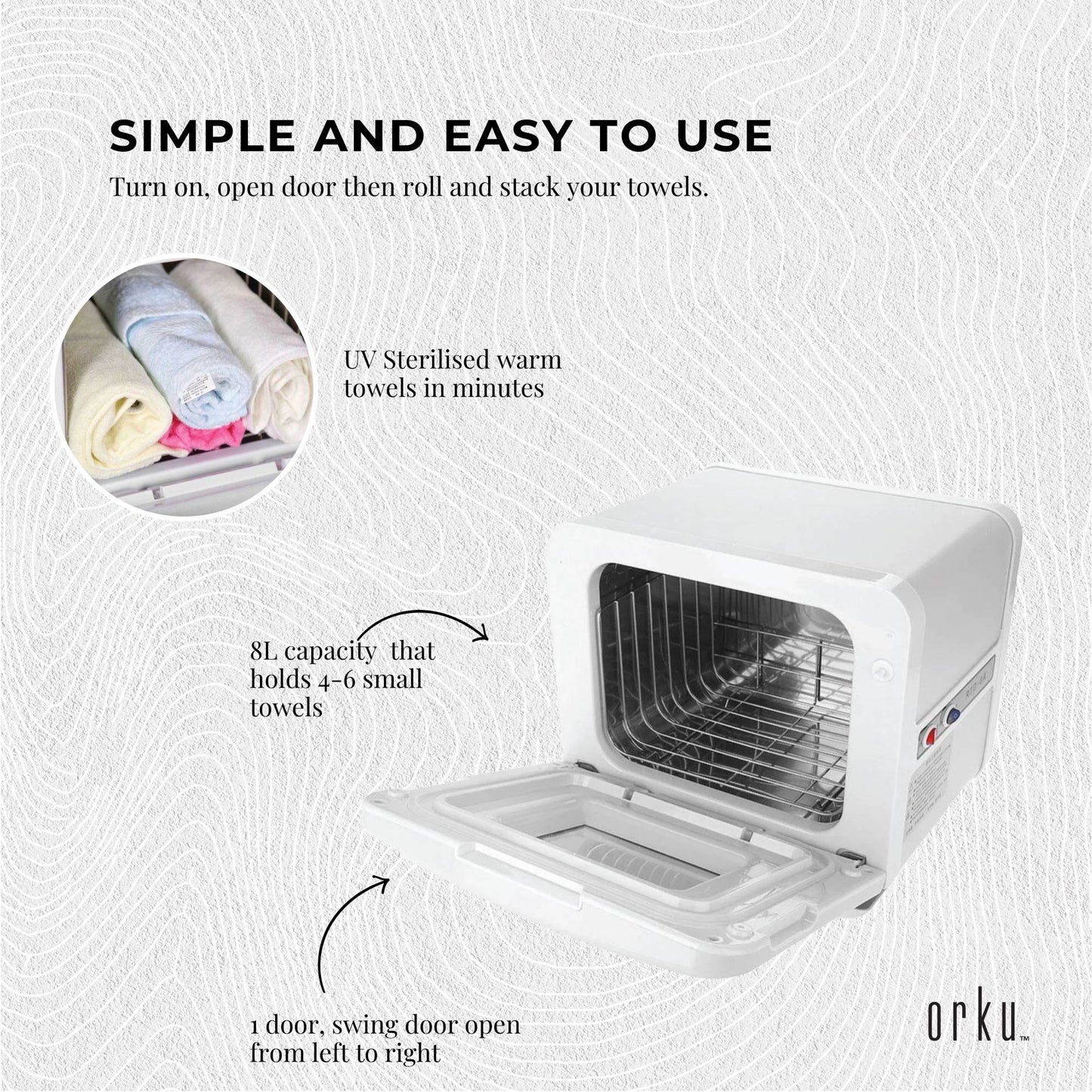 Hlpmedical Orku 8L white electric towel warmer and UV steriliser cabinet for salon heat sanitising and wellness.