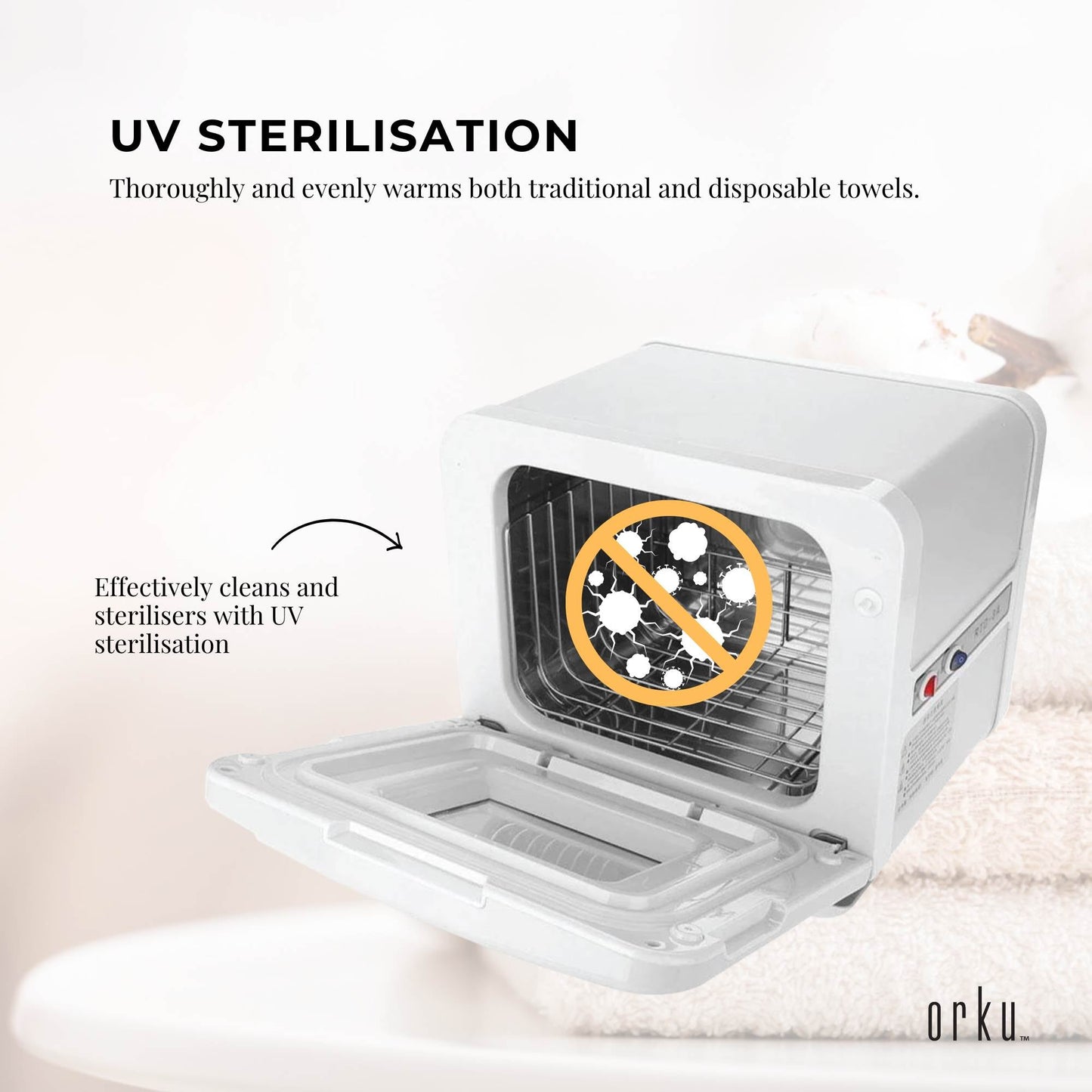 Hlpmedical Orku 8L white electric towel warmer with UV sterilizer cabinet for salon heat sanitizing and towel drying.