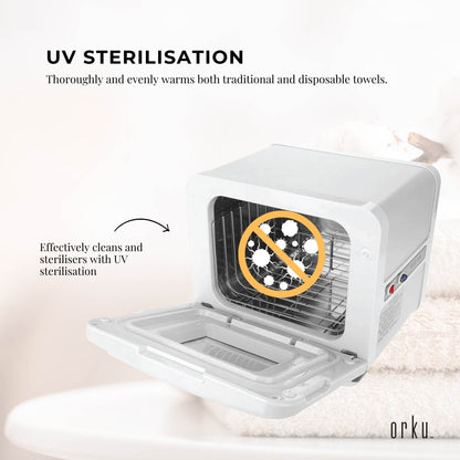 Hlpmedical Orku 8L white electric towel warmer with UV sterilizer cabinet for salon heat sanitizing and towel drying.