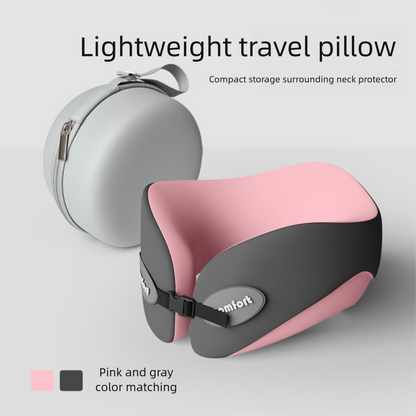 Pink and gray memory foam U-shaped travel neck pillow by Hlpmedical, offering ergonomic support for airplane, car, and office use.