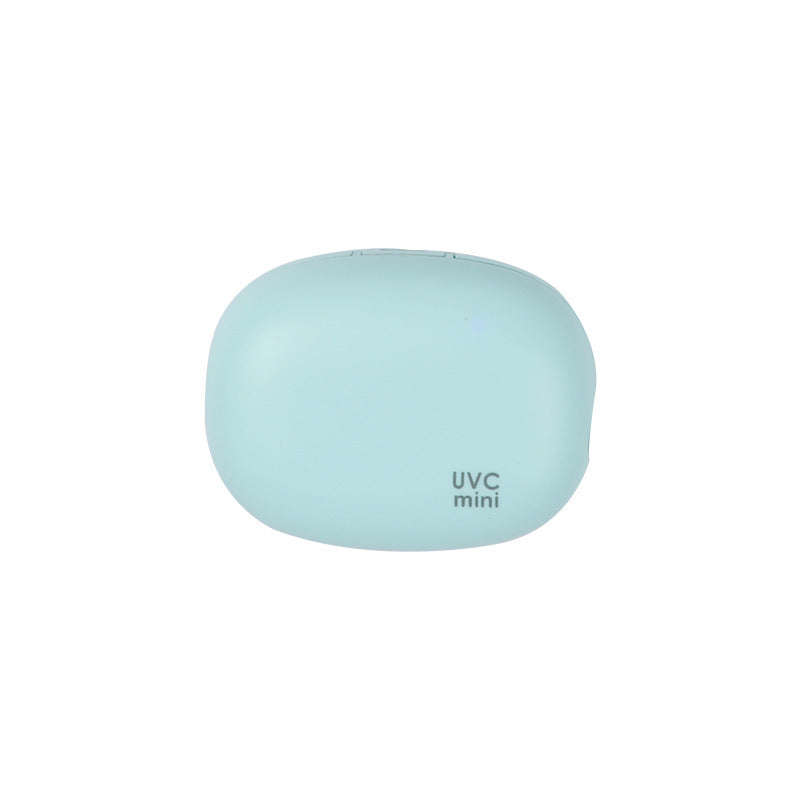 Green portable UVC toothbrush sterilizer case by Hlpmedical, showing compact design with USB-C port for automatic 5-minute sanitizing.