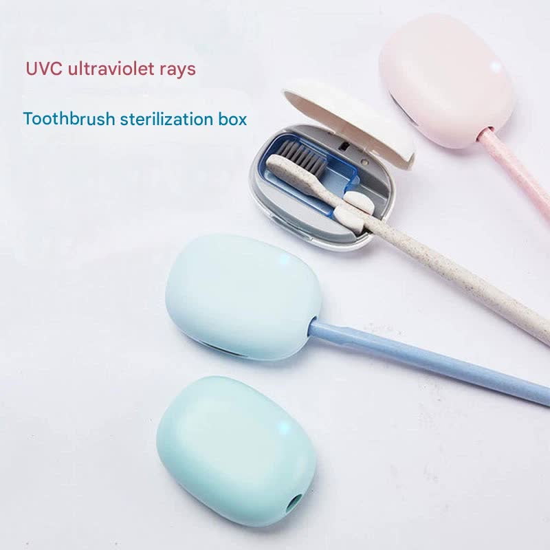 Portable UVC toothbrush sterilizer case by Hlpmedical, green, with automatic 5-minute sanitization and USB-C recharge feature.