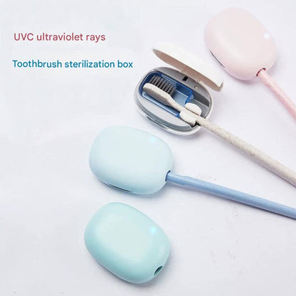 Portable UVC toothbrush sterilizer case by Hlpmedical, green, with automatic 5-minute sanitization and USB-C recharge feature.