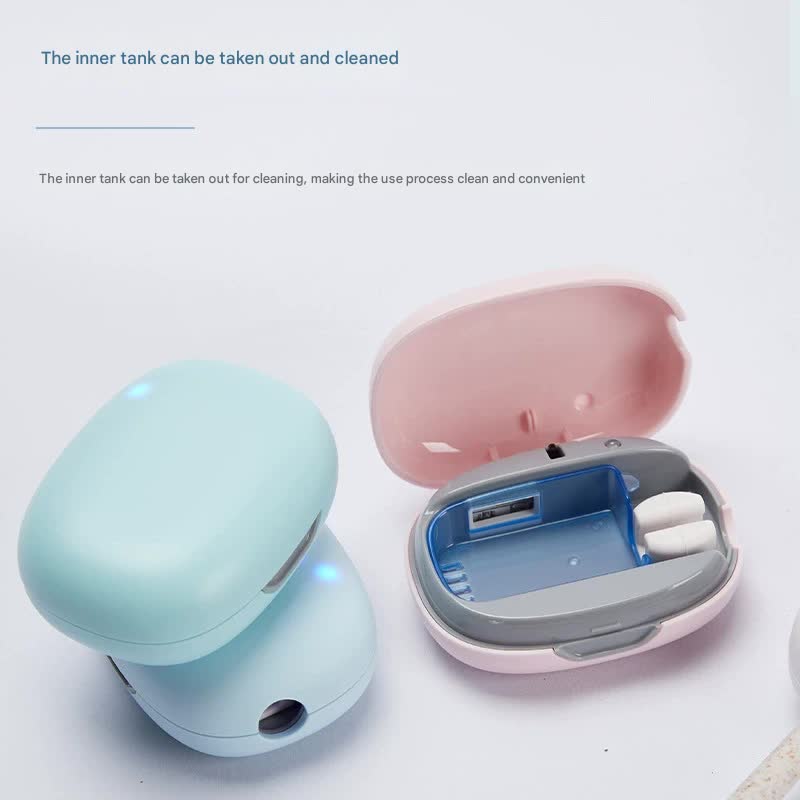 Green portable UVC toothbrush sterilizer case by Hlpmedical with automatic 5-minute sanitizing and USB-C recharge.