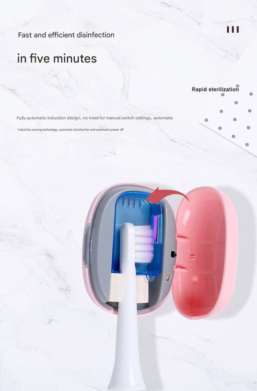 Green portable UVC toothbrush sterilizer case by Hlpmedical with automatic 5-minute sanitizing, USB-C rechargeable, for oral hygiene.