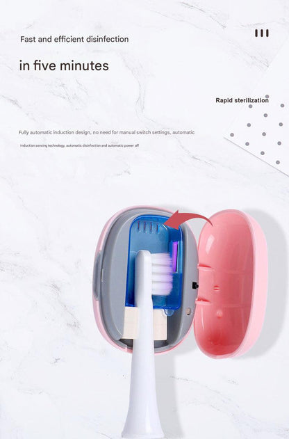Green portable UVC toothbrush sterilizer case by Hlpmedical with automatic 5-minute sanitizing, USB-C rechargeable, for oral hygiene.