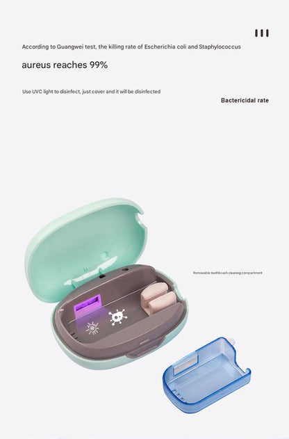 Portable UVC toothbrush sterilizer case by Hlpmedical in green, showing compact design with USB-C port for automatic 5-minute sanitizing.