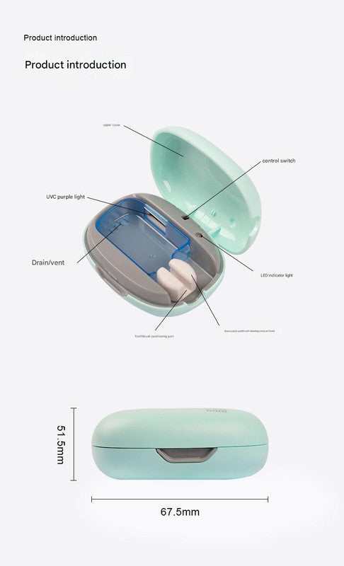 Green Hlpmedical portable UVC toothbrush sterilizer case with automatic 5-minute sanitizer, USB-C rechargeable, for oral hygiene.