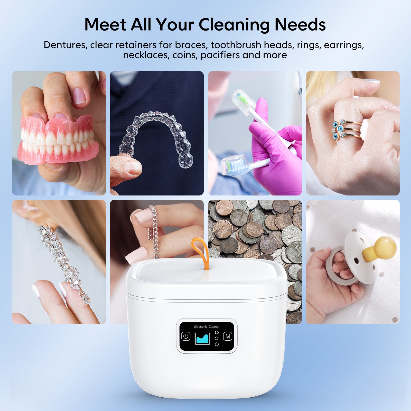 Hlpmedical professional ultrasonic cleaner with UV light, 45000Hz for cleaning dentures, retainers, jewelry, in black.