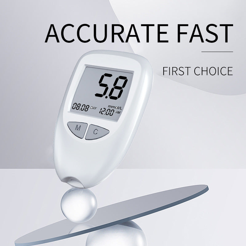 White Hlpmedical blood glucose meter for home use with automatic blood sugar testing and strips, in English version.