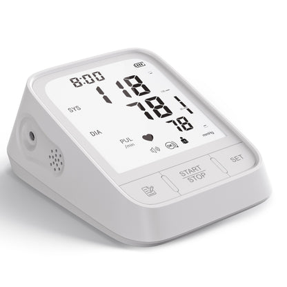 White Hlpmedical smart upper arm blood pressure monitor, automatic medical BP machine for health and wellness use.