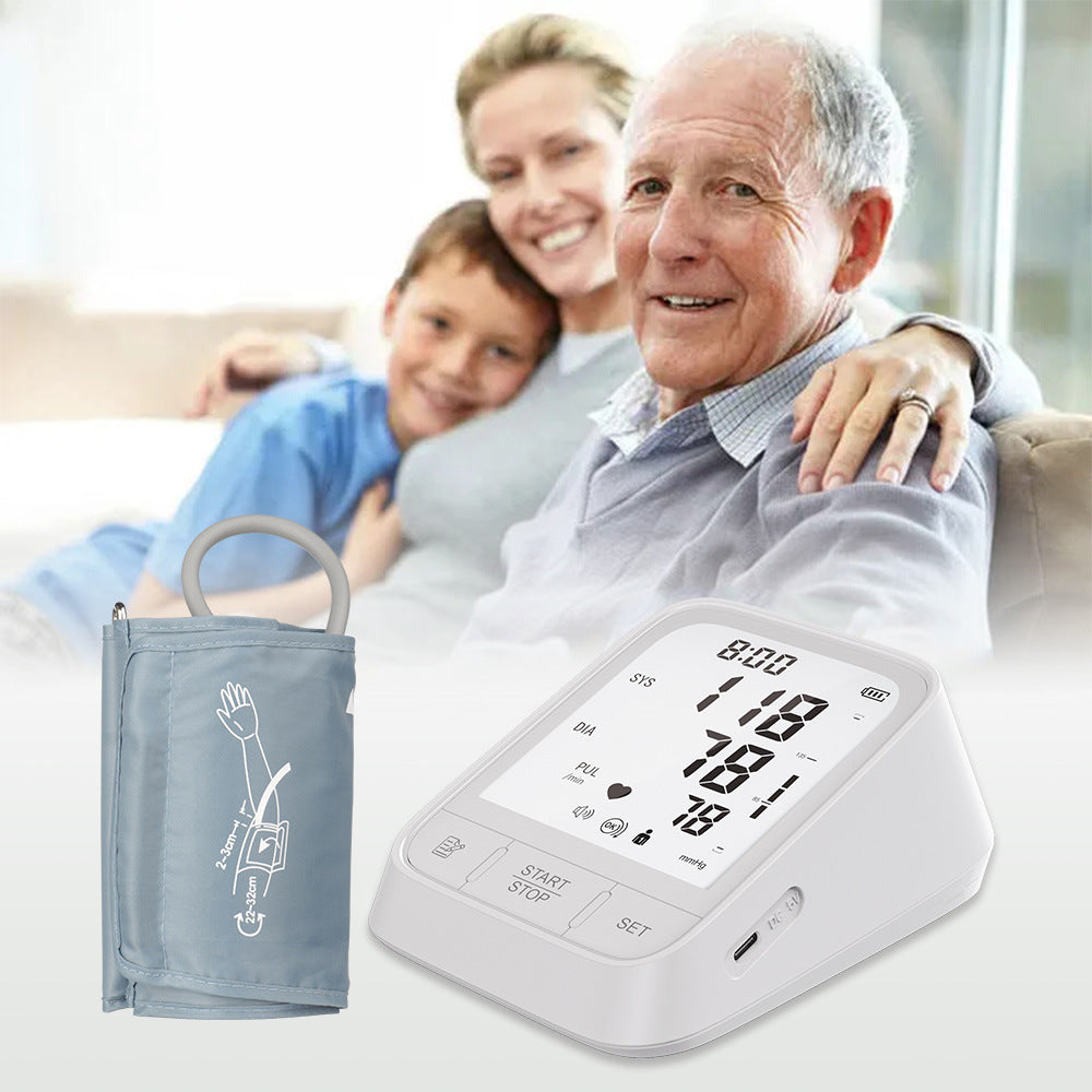 White Hlpmedical automatic upper arm blood pressure monitor, medical device for accurate BP readings and wellness monitoring.