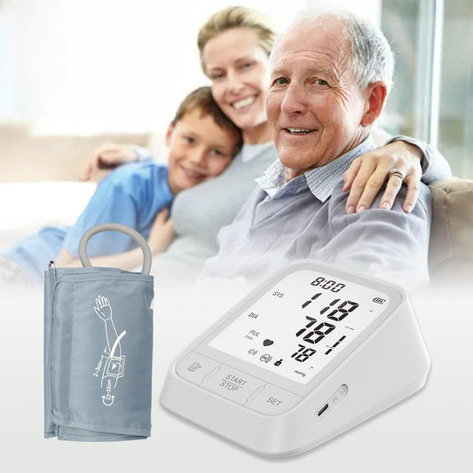 White Hlpmedical Smart Upper Arm Blood Pressure Monitor with automatic cuff for accurate blood pressure readings.