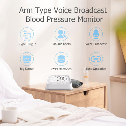 White Hlpmedical automatic upper arm blood pressure monitor for health and wellness, featuring digital display and cuff.