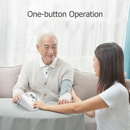 White Hlpmedical automatic upper arm blood pressure monitor for health and wellness, with digital display and cuff.