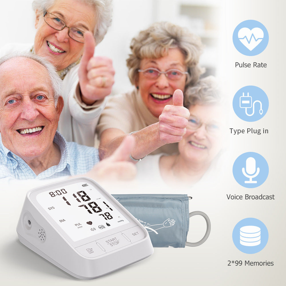 White Hlpmedical automatic upper arm blood pressure monitor for health and wellness, featuring digital display and cuff.