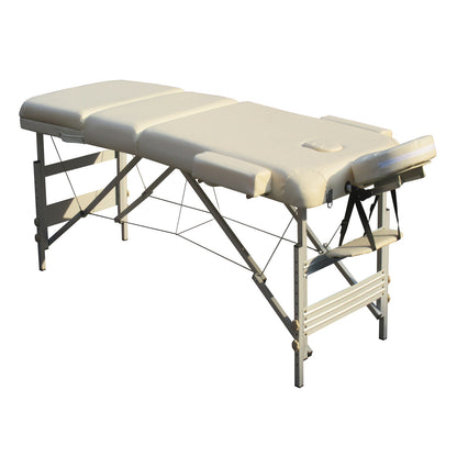 YES4HOMES portable massage table with 3-fold design, beige foam padding, aluminum frame, ideal for beauty therapy and relaxation.