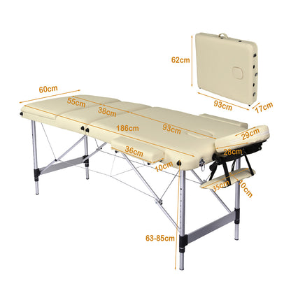 YES4HOMES 3-fold portable aluminium massage table in beige, designed for health and beauty therapy, lightweight and easy to fold.