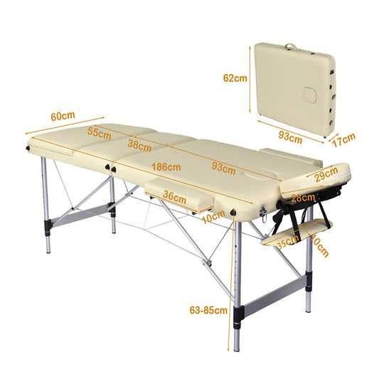 YES4HOMES 3-fold portable aluminum massage table in beige, designed for beauty therapy and relaxation.
