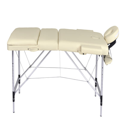 YES4HOMES 3-fold portable aluminium massage table in beige, designed for health and beauty therapy, lightweight and foldable.