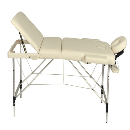 YES4HOMES 3-fold portable aluminium massage table in beige, designed for health and beauty therapy, lightweight and easy to transport.