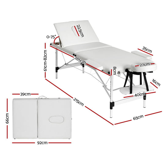 White Zenses portable massage table with 65cm width, 3-fold aluminium design for easy transport and relaxation.