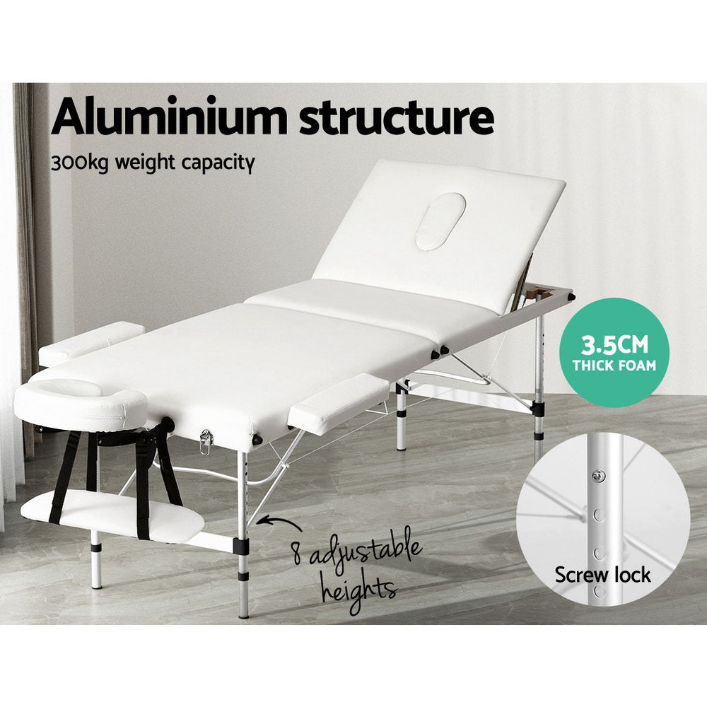 White Zenses portable massage table by Hlpmedical, 65cm wide, 3-fold aluminium beauty bed for relaxation and health treatments.