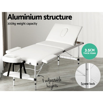 White Zenses portable massage table by Hlpmedical, 65cm wide, 3-fold aluminium beauty bed for relaxation and health treatments.