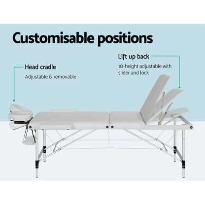 White Zenses massage table by Hlpmedical, portable 3-fold aluminium beauty bed, 65cm wide for relaxation and health treatments.
