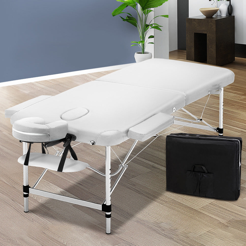 White Zenses Massage Table 75cm portable 2-fold aluminium beauty bed, ideal for relaxation and health treatments.