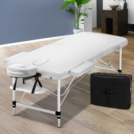 White Zenses Massage Table 75cm portable aluminum beauty bed with 2-fold design, suitable for health and relaxation treatments.