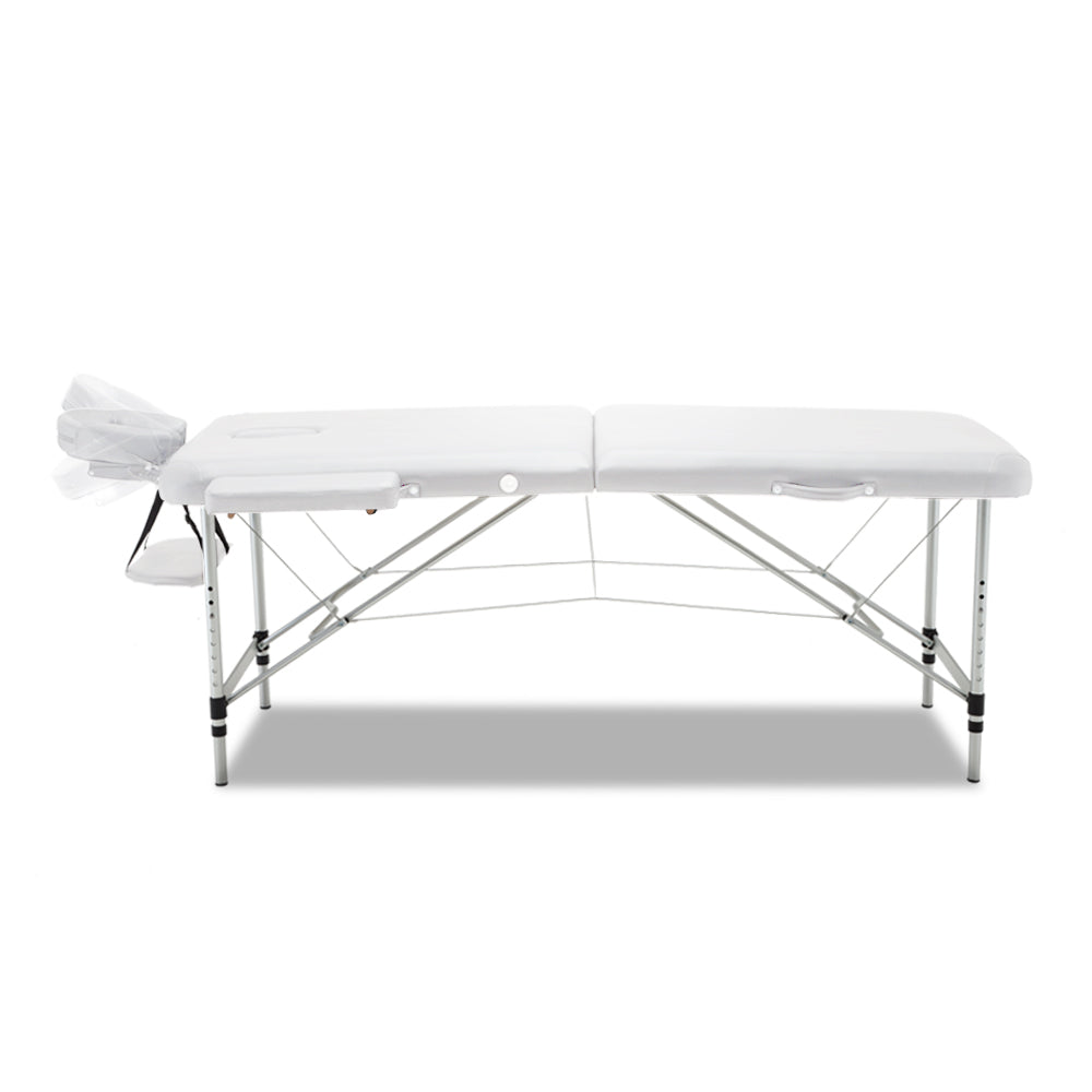 White Zenses portable massage table by Hlpmedical with 75cm width, foldable aluminum frame, ideal for health and beauty treatments.
