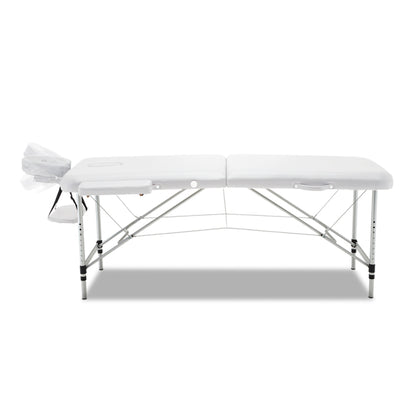 White Zenses portable massage table by Hlpmedical with 75cm width, foldable aluminum frame, ideal for health and beauty treatments.
