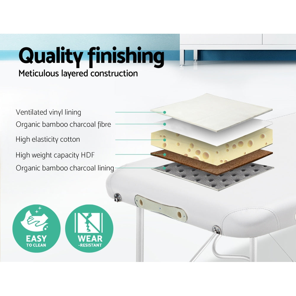 White Zenses massage table by Hlpmedical, 75cm portable two-fold aluminum beauty bed for relaxation and massage therapy.