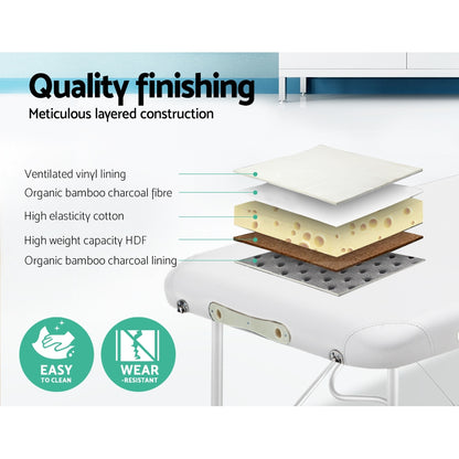 White Zenses massage table by Hlpmedical, 75cm portable two-fold aluminum beauty bed for relaxation and massage therapy.
