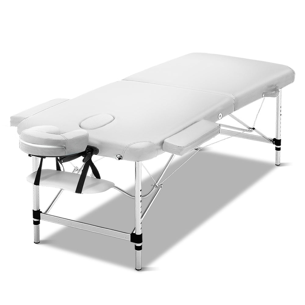 Hlpmedical Zenses massage table, 75cm wide, portable white aluminium beauty bed with 2-fold design for relaxation and massage therapy.
